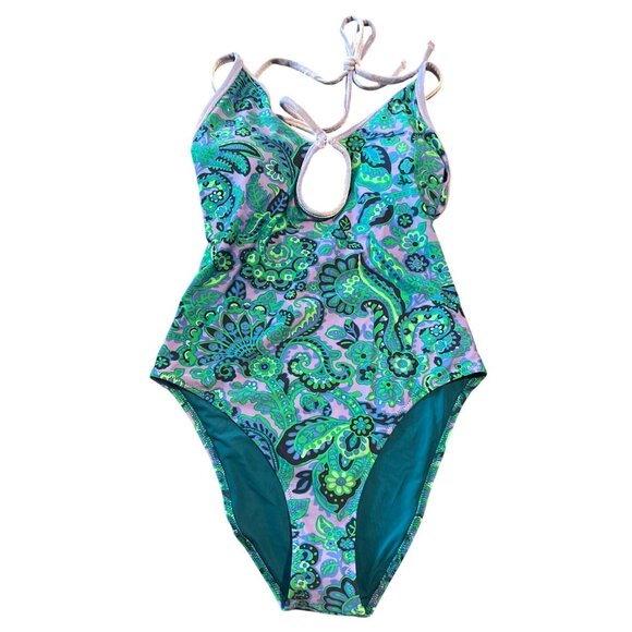 Aerie Keyhole Halter One Piece Swimsuit S/P Paisley Print UPF 50 Protection NWT - Picture 3 of 6